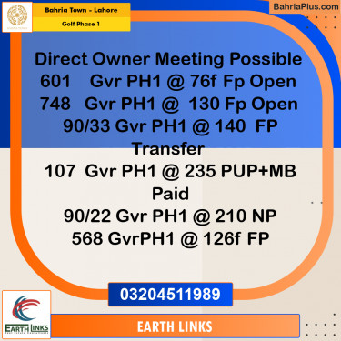 10 Marla Residential Plot for Sale in Golf Phase 1 -  Bahria Town, Lahore - (BP-213090)