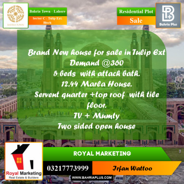12.44 Marla Residential Plot for Sale in Sector C - Tulip Ext. Block -  Bahria Town, Lahore - (BP-213228)