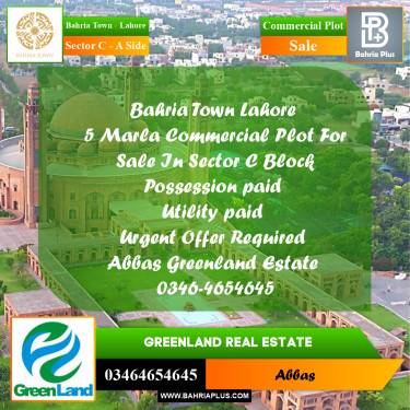 5 Marla Commercial Plot for Sale in Sector C - A Side -  Bahria Town, Lahore - (BP-213268)