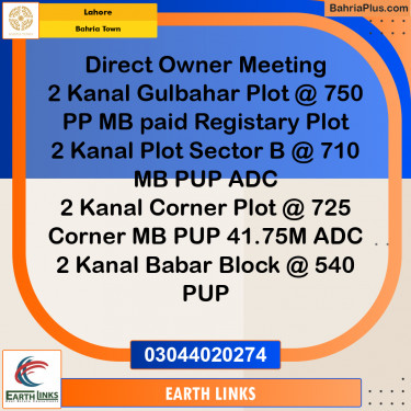 2 Kanal Residential Plot for Sale in Bahria Town, Lahore - (BP-213443)