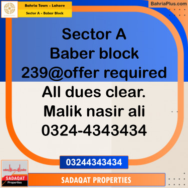 10 Marla Residential Plot for Sale in Sector A - Babar Block -  Bahria Town, Lahore - (BP-213684)
