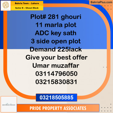 11 Marla Residential Plot for Sale in Sector B - Ghouri Block -  Bahria Town, Lahore - (BP-213716)