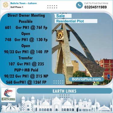 10 Marla Residential Plot for Sale in Golf Phase 1 -  Bahria Town, Lahore - (BP-213866)