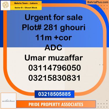 11 Marla Residential Plot for Sale in Sector B - Ghouri Block -  Bahria Town, Lahore - (BP-213898)