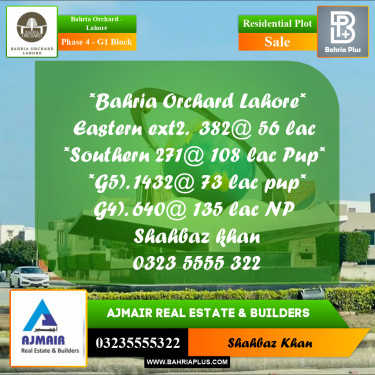10 Marla Residential Plot for Sale in Phase 4 - G1 Block -  Bahria Orchard, Lahore - (BP-214000)