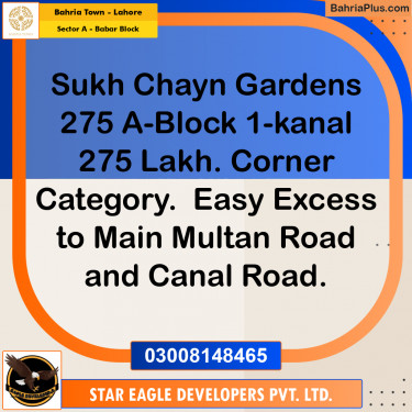 1 Kanal Residential Plot for Sale in Sector A - Babar Block -  Bahria Town, Lahore - (BP-214235)