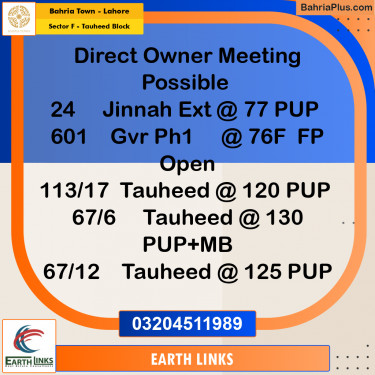 1 Kanal Residential Plot for Sale in Sector F - Tauheed Block -  Bahria Town, Lahore - (BP-214537)