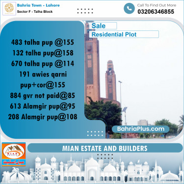 10 Marla Residential Plot for Sale in Sector F - Talha Block -  Bahria Town, Lahore - (BP-214685)