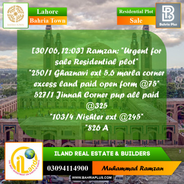 Residential Plot for Sale in Bahria Town, Lahore - (BP-214829)