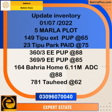 5 Marla Residential Plot for Sale in Bahria Town, Lahore - (BP-215123)