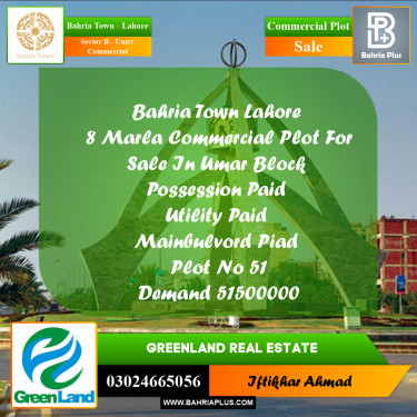 8 Marla Commercial Plot for Sale in Sector B - Umer Commercial -  Bahria Town, Lahore - (BP-215139)