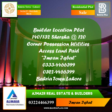 7 Marla Residential Plot for Sale in Sector F - Shershah Block -  Bahria Town, Lahore - (BP-215504)