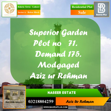 1 Kanal Residential Plot for Sale in Sector A - Babar Block -  Bahria Town, Lahore - (BP-216174)