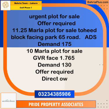 10 Marla Residential Plot for Sale in Golf Phase 1 -  Bahria Town, Lahore - (BP-216856)