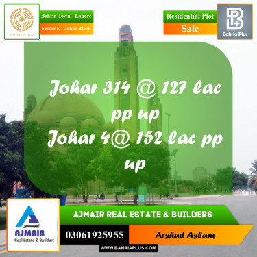 Residential Plot for Sale in Sector E - Johar Block -  Bahria Town, Lahore - (BP-217113)
