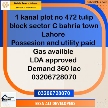 1 Kanal Residential Plot for Sale in Sector C - Tulip Block -  Bahria Town, Lahore - (BP-217399)