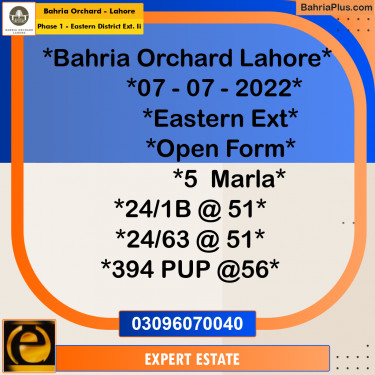 5 Marla Residential Plot for Sale in Phase 1 - Eastern District Ext. II -  Bahria Orchard, Lahore - (BP-217598)