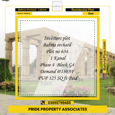 20 Marla Residential Plot for Sale in Phase 4 - G4 Block -  Bahria Orchard, Lahore - (BP-217905)