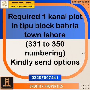 1 Kanal Residential Plot for Sale in Sector F - Tipu Sultan Block -  Bahria Town, Lahore - (BP-218046)