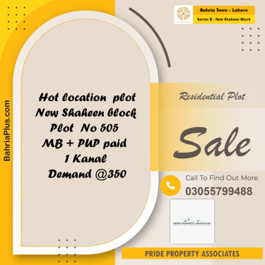 20 Marla Residential Plot for Sale in Sector B - New Shaheen Block -  Bahria Town, Lahore - (BP-218285)