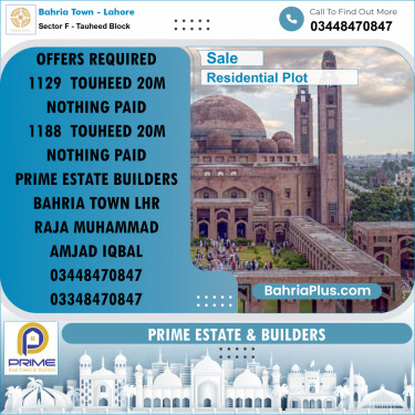 20 Marla Residential Plot for Sale in Sector F - Tauheed Block -  Bahria Town, Lahore - (BP-218641)