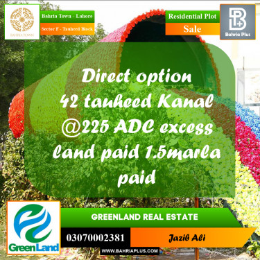 1 Kanal Residential Plot for Sale in Sector F - Tauheed Block -  Bahria Town, Lahore - (BP-218758)