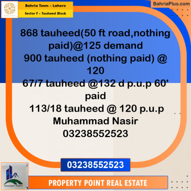Residential Plot for Sale in Sector F - Tauheed Block -  Bahria Town, Lahore - (BP-219114)
