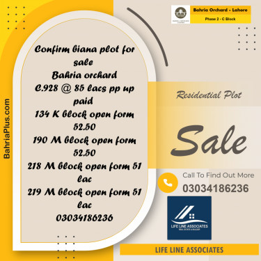8 Marla Residential Plot for Sale in Phase 2 - C Block -  Bahria Orchard, Lahore - (BP-219759)