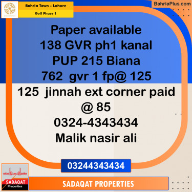 1 Kanal Residential Plot for Sale in Golf Phase 1 -  Bahria Town, Lahore - (BP-220664)