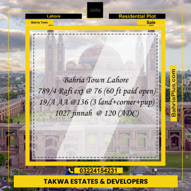 Residential Plot for Sale in Bahria Town, Lahore - (BP-220671)