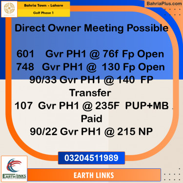 10 Marla Residential Plot for Sale in Golf Phase 1 -  Bahria Town, Lahore - (BP-220820)