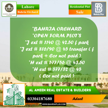 Residential Plot for Sale in Bahria Orchard, Lahore - (BP-220965)