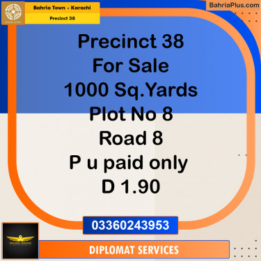 1000 Sq. Ft. Residential Plot for Sale in Precinct 38 -  Bahria Town, Karachi - (BP-221053)