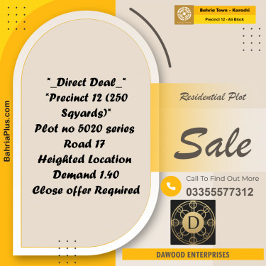 250 Sq. Yards Residential Plot for Sale in Precinct 12 - Ali Block -  Bahria Town, Karachi - (BP-221125)