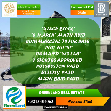 8 Marla Commercial Plot for Sale in Sector B - Umer Commercial -  Bahria Town, Lahore - (BP-221210)