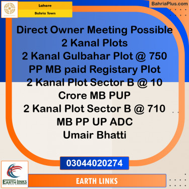 2 Kanal Residential Plot for Sale in Bahria Town, Lahore - (BP-221261)