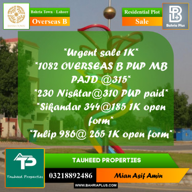 1 Kanal Residential Plot for Sale in Overseas B -  Bahria Town, Lahore - (BP-221310)