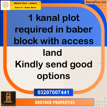 1 Kanal Residential Plot for Sale in Sector A - Babar Block -  Bahria Town, Lahore - (BP-221919)