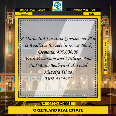 8 Marla Commercial Plot for Sale in Sector B - Umer Commercial -  Bahria Town, Lahore - (BP-221926)