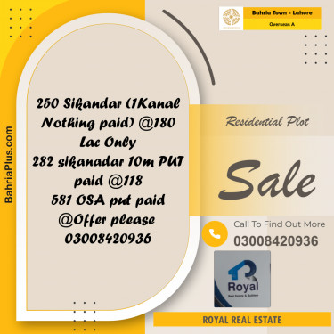 20 Marla Residential Plot for Sale in Overseas A -  Bahria Town, Lahore - (BP-221957)