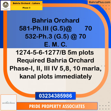 8 Marla Residential Plot for Sale in Phase 3 -  Bahria Orchard, Lahore - (BP-222025)