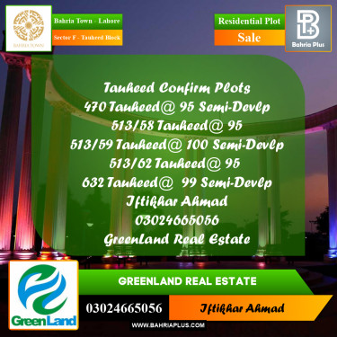 Residential Plot for Sale in Sector F - Tauheed Block -  Bahria Town, Lahore - (BP-222113)