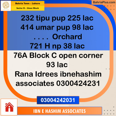 7 Marla Residential Plot for Sale in Sector B - Umer Block -  Bahria Town, Lahore - (BP-222136)