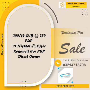 20 Marla Residential Plot for Sale in Overseas B -  Bahria Town, Lahore - (BP-222619)