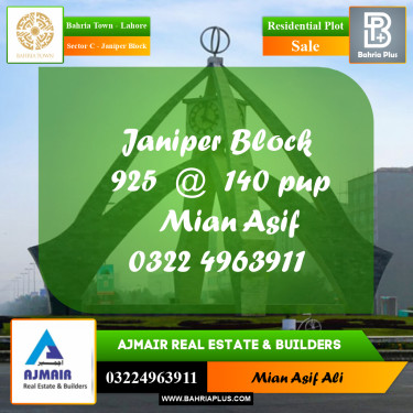 Residential Plot for Sale in Sector C - Janiper Block -  Bahria Town, Lahore - (BP-223310)
