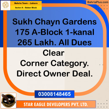 1 Kanal Residential Plot for Sale in Sector A - Babar Block -  Bahria Town, Lahore - (BP-223776)