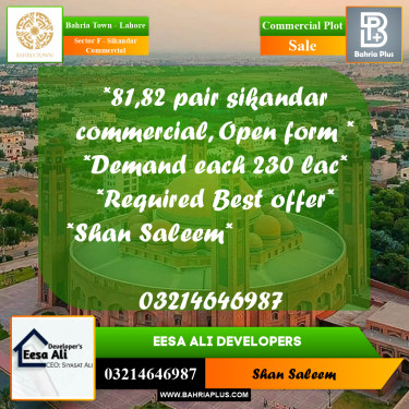 5 Marla Commercial Plot for Sale in Sector F - Sikandar Commercial -  Bahria Town, Lahore - (BP-224024)