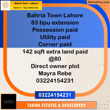 Residential Plot for Sale in Sector F - Tipu Sultan Ext. -  Bahria Town, Lahore - (BP-224322)