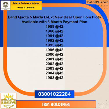 5 Marla Residential Plot for Sale in Phase 2 - D Block -  Bahria Orchard, Lahore - (BP-224902)
