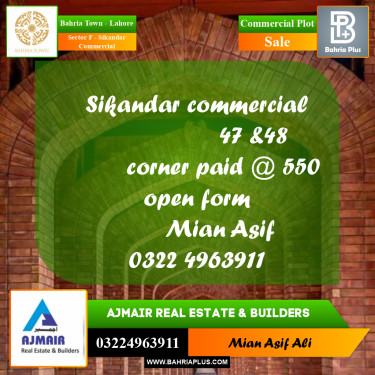 Commercial Plot for Sale in Sector F - Sikandar Commercial -  Bahria Town, Lahore - (BP-224941)